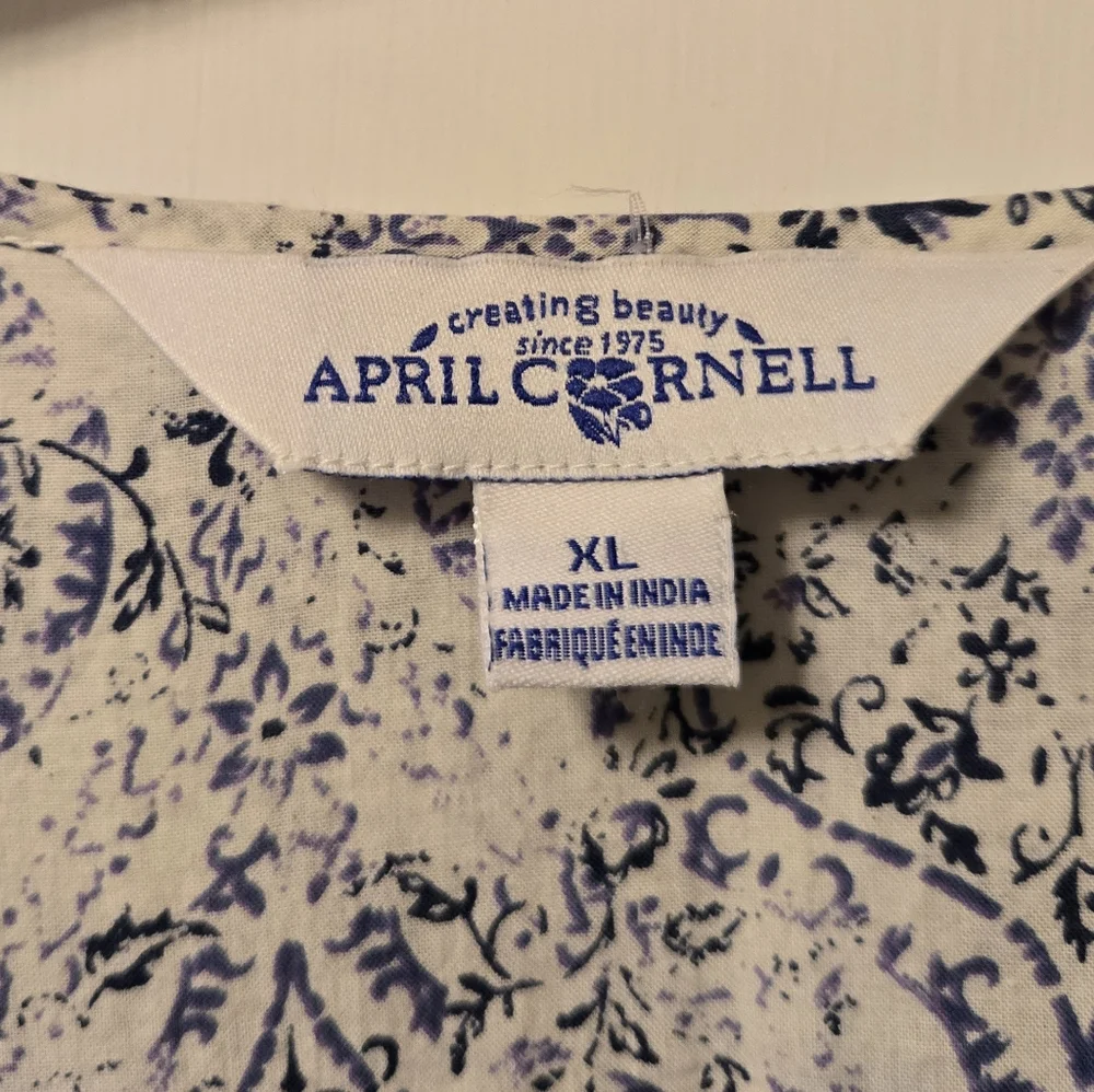 April Cornell Blue and White Tunic Top, Cotton, XL, Excellent, Has Pockets! - Picture 4 of 4